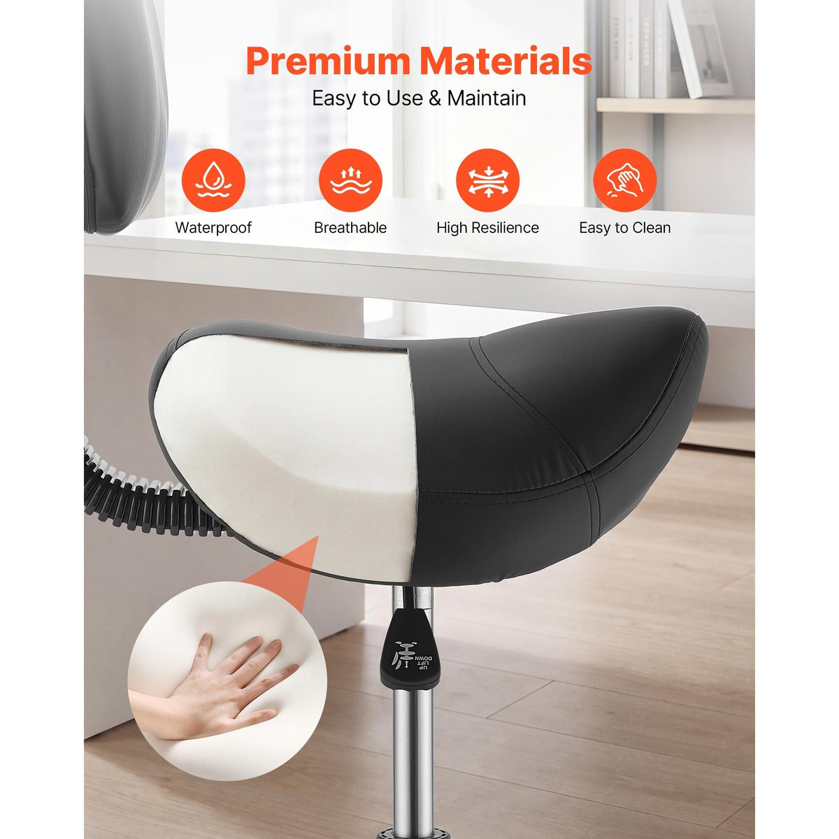 Saddle Stool with Back Support Footrest, 500 lbs Weight Capacity, Height Adjustable, Quiet Casters, PU Leather Seat, 360° Swivel Saddle Stool Rolling Chair for Salon, Spa, Bar, Medical, Black