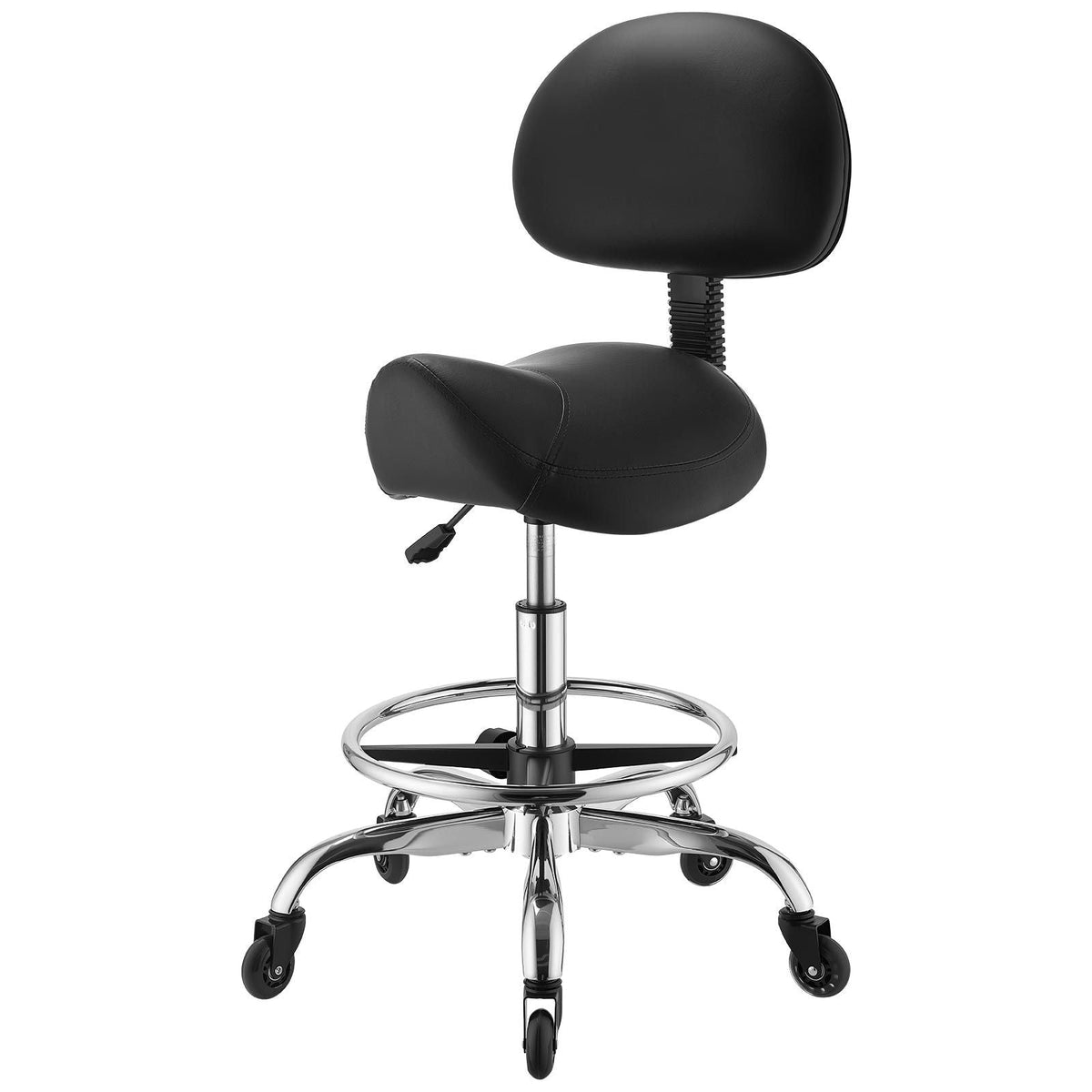 Saddle Stool with Back Support Footrest, 500 lbs Weight Capacity, Height Adjustable, Quiet Casters, PU Leather Seat, 360° Swivel Saddle Stool Rolling Chair for Salon, Spa, Bar, Medical, Black