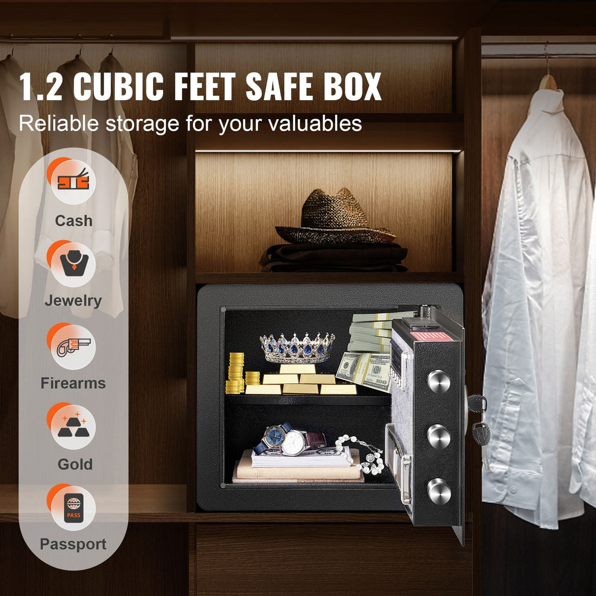 Safe, 1.2 Cubic Feet Home Safe, Steel Security Safe with Digital Keypad and 2 Keys, Cabinet Safe with Fire-proof Bag, Protect Cash, Gold, Jewelry, Documents for Home, Hotel, 15.8x11.8x13.8 inche