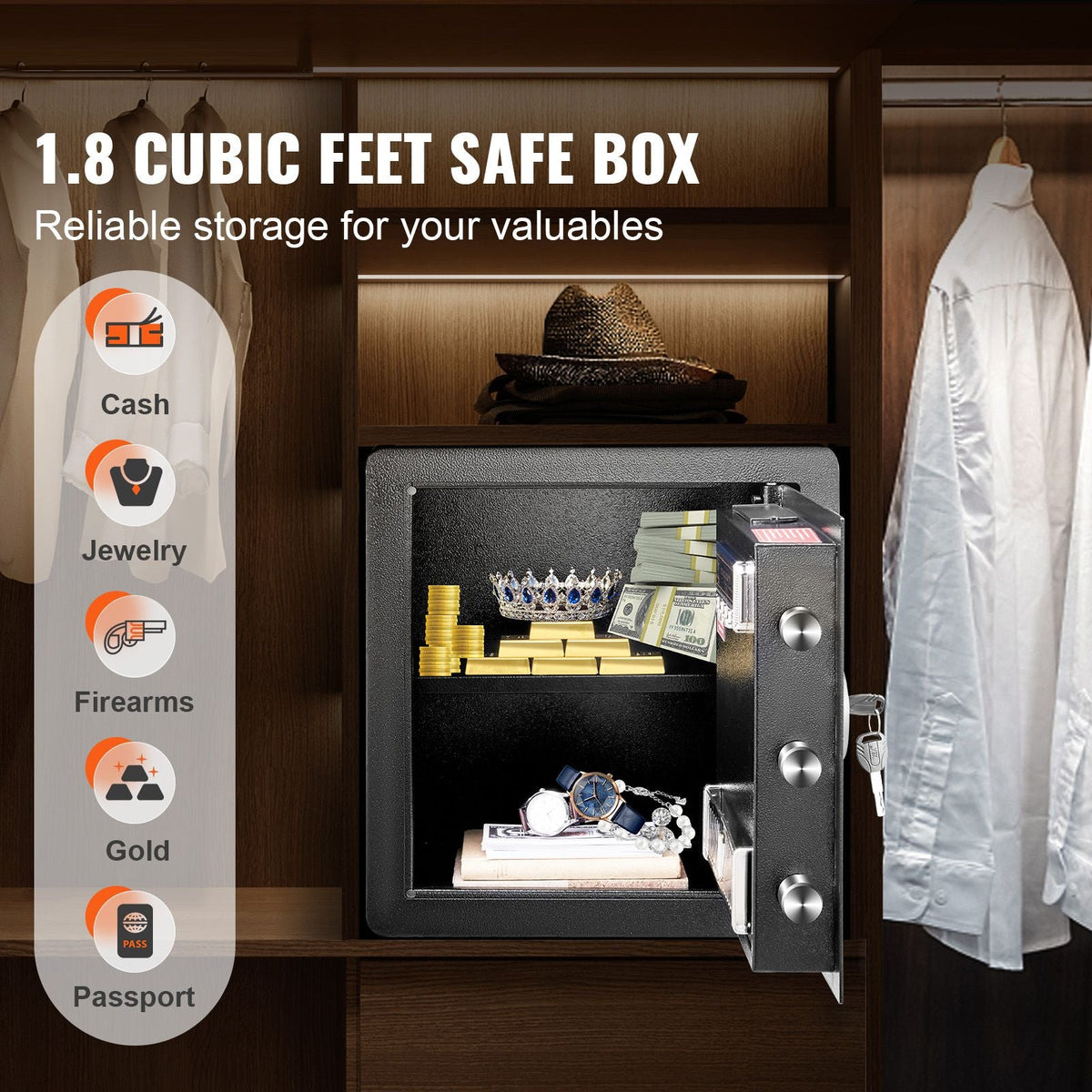 Safe, 1.8 Cubic Feet Home Safe, Steel Security Safe with Digital Keypad and 2 Keys, Cabinet Safe with Fire-proof Bag, Protect Cash, Gold, Jewelry, Documents for Home, Hotel, 15.8x13x16.9 inches