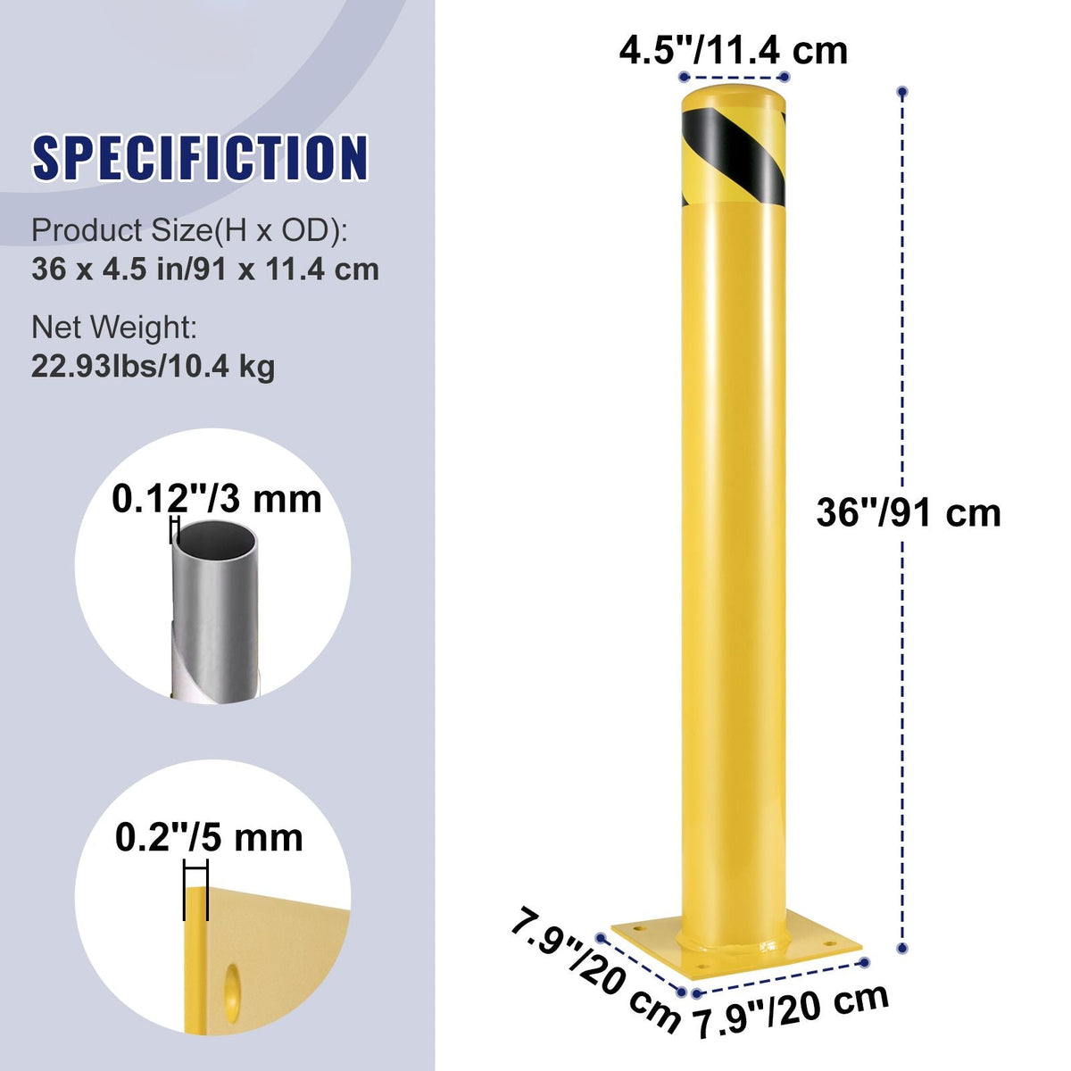 Safety Bollard, 36 Inch Height Bollard Post, 4.5 Inch Diameter Steel Pipe Safety Bollard Post, Yellow Steel Bollard, Steel Safety Bollard with 8 Anchor Bolts, Perfect for Traffic-Sensitive Area