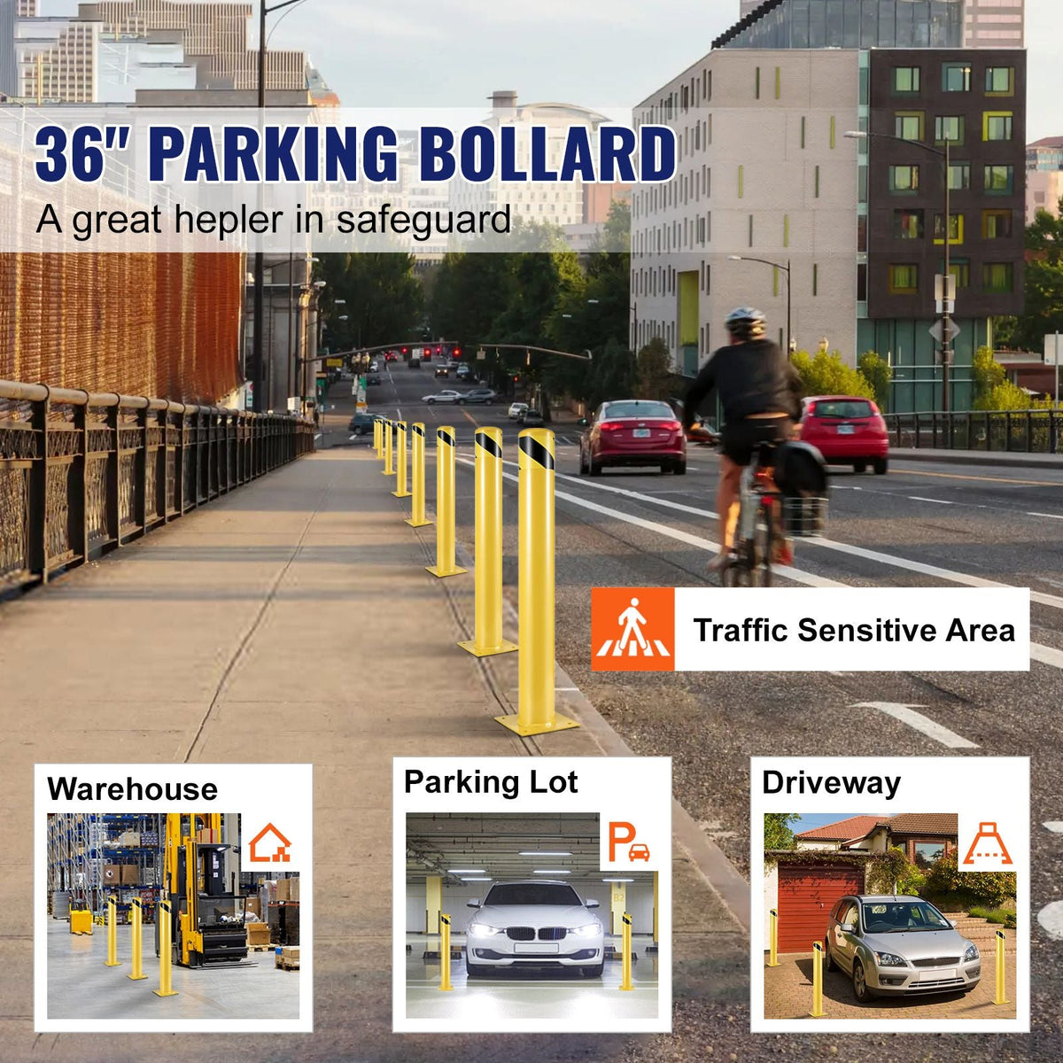 Safety Bollard, 36 Inch Height Bollard Post, 4.5 Inch Diameter Steel Pipe Safety Bollard Post, Yellow Steel Bollard, Steel Safety Bollard with 8 Anchor Bolts, Perfect for Traffic-Sensitive Area