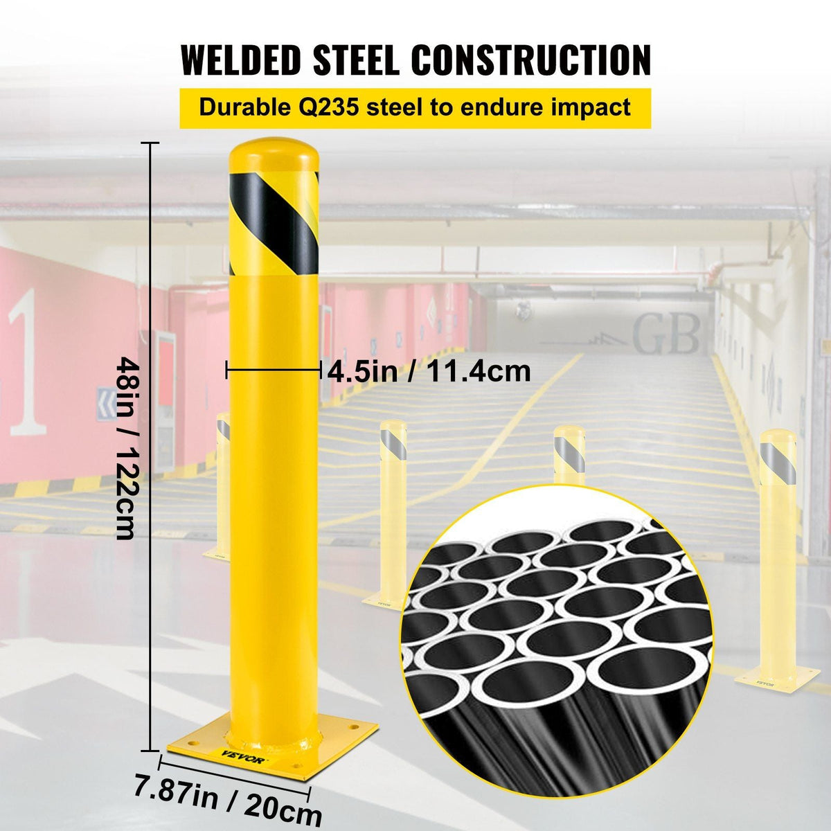 Safety Bollard, 48 Inch Height Bollard Post, 4.5 Inch Diameter Steel Pipe Safety Bollard Post, Yellow Steel Bollard, Steel Safety Bollard with 8 Anchor Bolts, Perfect for Traffic-Sensitive Area