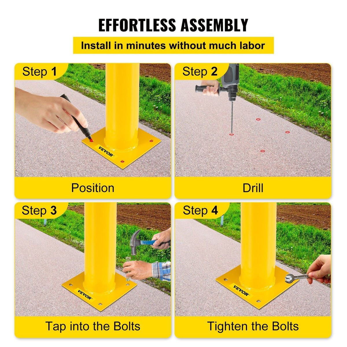 Safety Bollard, 48 Inch Height Bollard Post, 4.5 Inch Diameter Steel Pipe Safety Bollard Post, Yellow Steel Bollard, Steel Safety Bollard with 8 Anchor Bolts, Perfect for Traffic-Sensitive Area