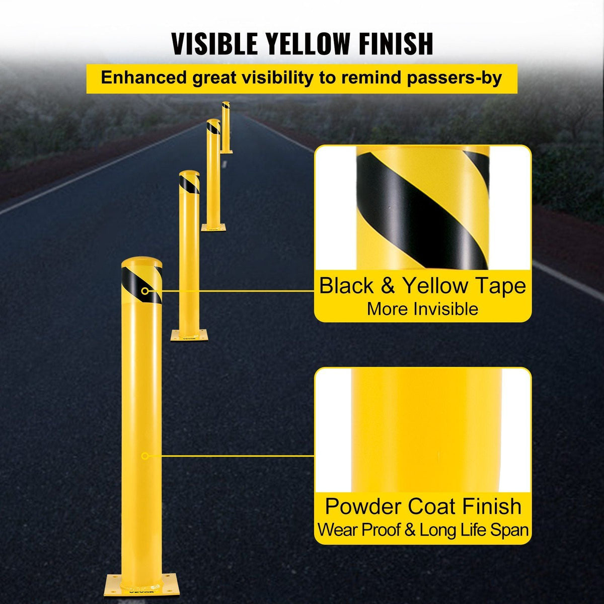 Safety Bollard, 48 Inch Height Bollard Post, 5.5 Inch Diameter Steel Pipe Safety Bollard Post, Yellow Steel Bollard, Steel Safety Bollard with 8 Anchor Bolts, Perfect for Traffic-Sensitive Area