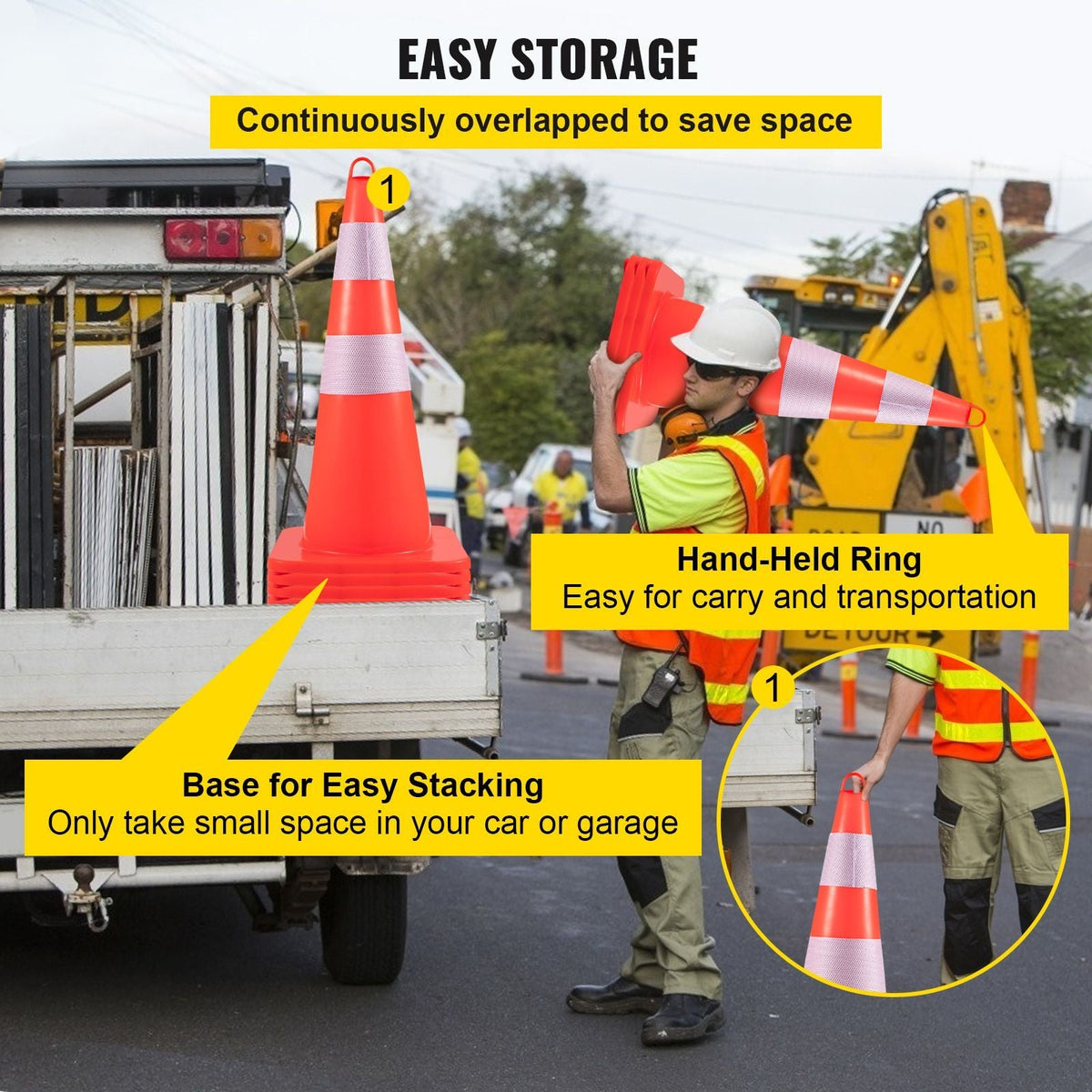 Safety Cones, 10PCS 28\" Traffic Cones, PVC Orange Construction Cones, 2 Reflective Collars Traffic Cones with Weighted Base and Hand-Held Ring Used for Traffic Control, Driveway Road Parking