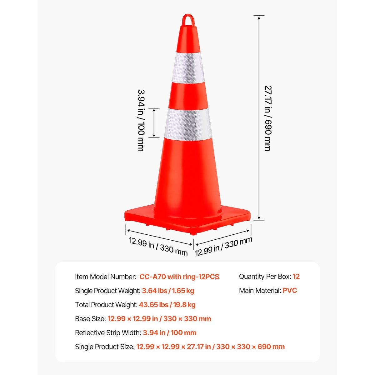 Safety Cones, 12 x 28\" Traffic Cones, PVC Orange Construction Cones, 2 Reflective Collars Traffic Cones with Weighted Base and Hand-Held Ring Used for Traffic Control, Driveway Road Parking