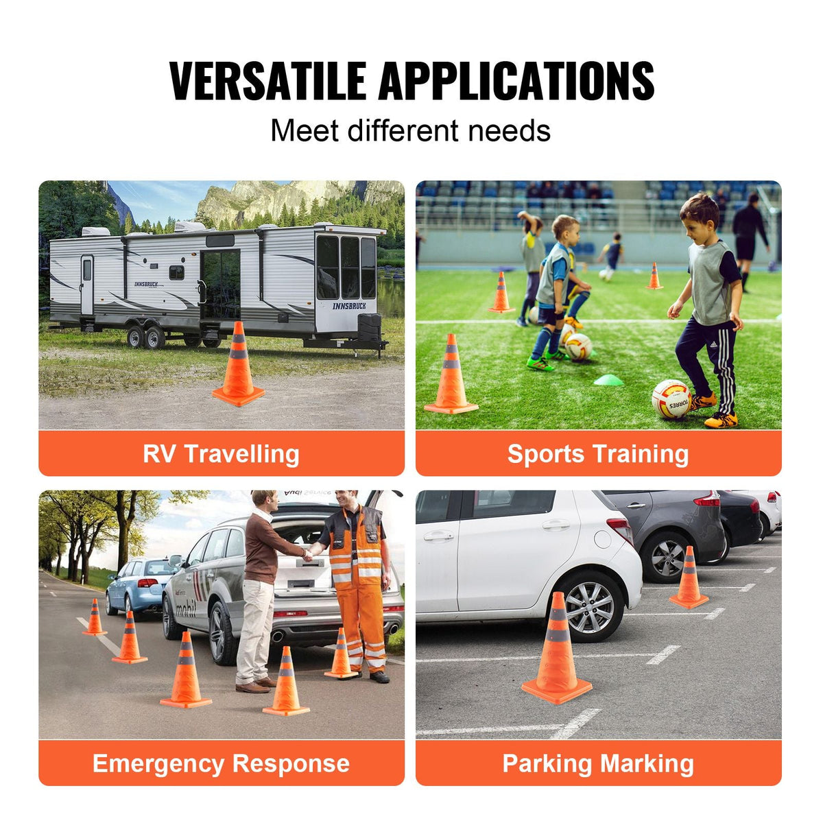 Safety Cones, 4 Pack 18 inch Collapsible Traffic Cones, Construction Cones with Reflective Collars, Wide Base and A Storage Bag, for Traffic Control, Driving Training, Parking Lots