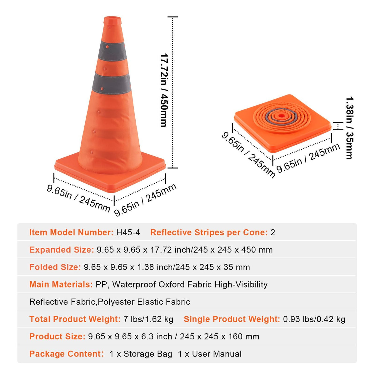 Safety Cones, 4 Pack 18 inch Collapsible Traffic Cones, Construction Cones with Reflective Collars, Wide Base and A Storage Bag, for Traffic Control, Driving Training, Parking Lots