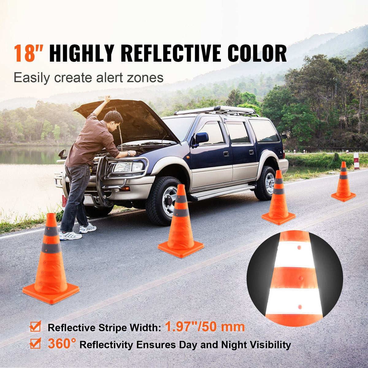 Safety Cones, 4 Pack 18 inch Collapsible Traffic Cones, Construction Cones with Reflective Collars, Wide Base and A Storage Bag, for Traffic Control, Driving Training, Parking Lots