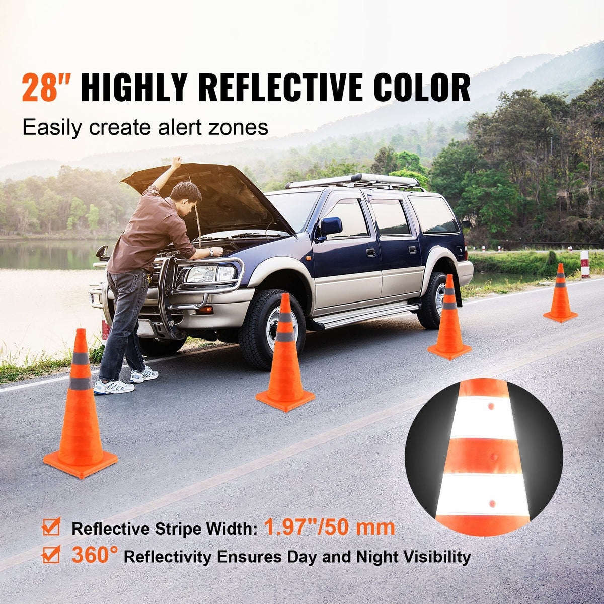Safety Cones, 4 Pack 28 inch Collapsible Traffic Cones, Construction Cones with Reflective Collars, Wide Base and A Storage Bag, for Traffic Control, Driving Training, Parking Lots