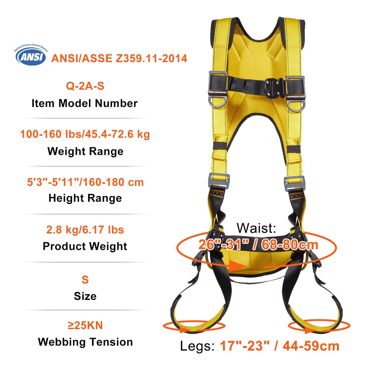 Safety Harness, Full Body Harness, Safety Harness Fall Protection with Added Padding, and Side Rings and Dorsal D-Rings and a Lanyard, ANSI/ASSE Z359.11-2014, 160 lbs Max Weight, S