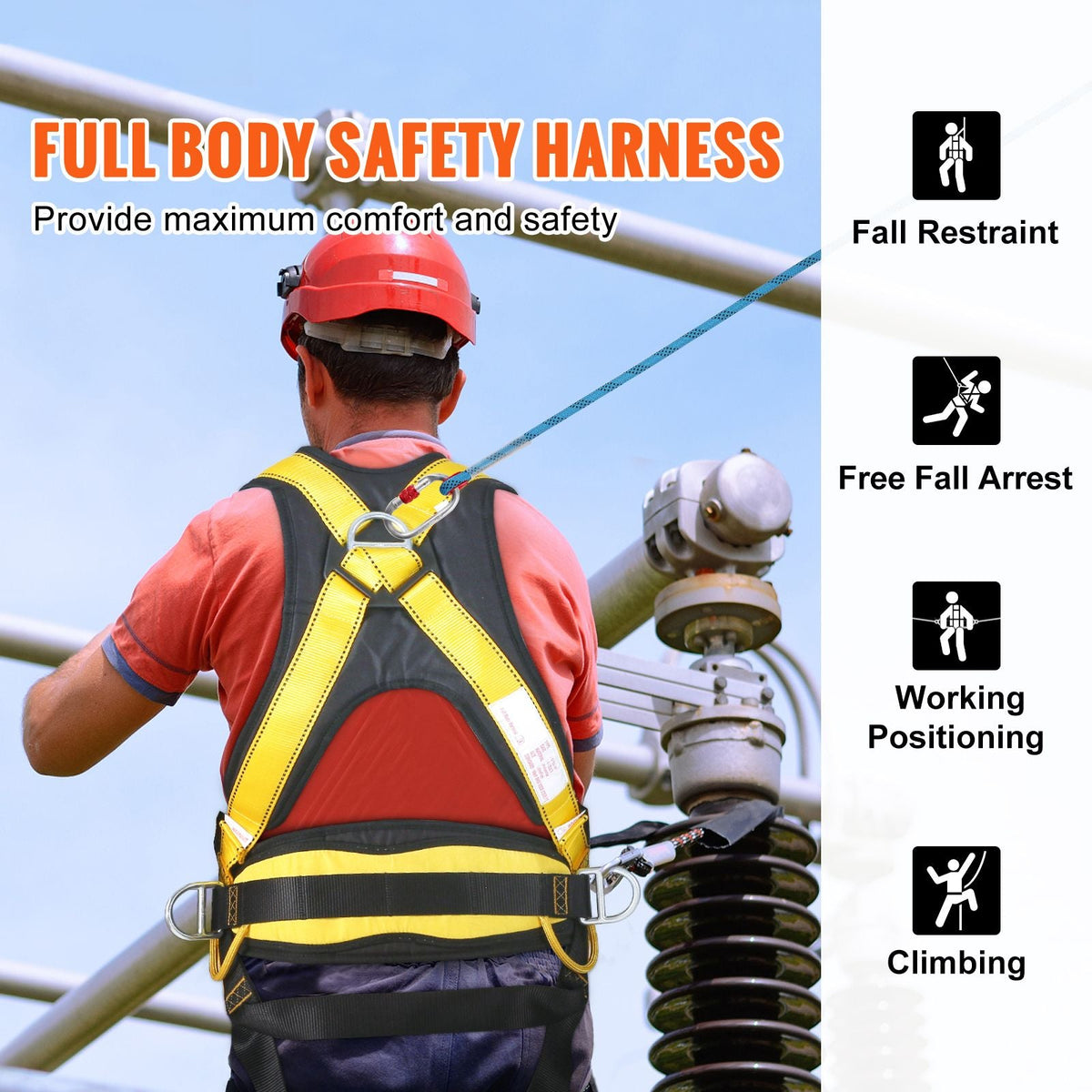 Safety Harness, Full Body Harness, Safety Harness Fall Protection with Added Padding, and Side Rings and Dorsal D-Rings and a Lanyard, ANSI/ASSE Z359.11-2014, 160 lbs Max Weight, S