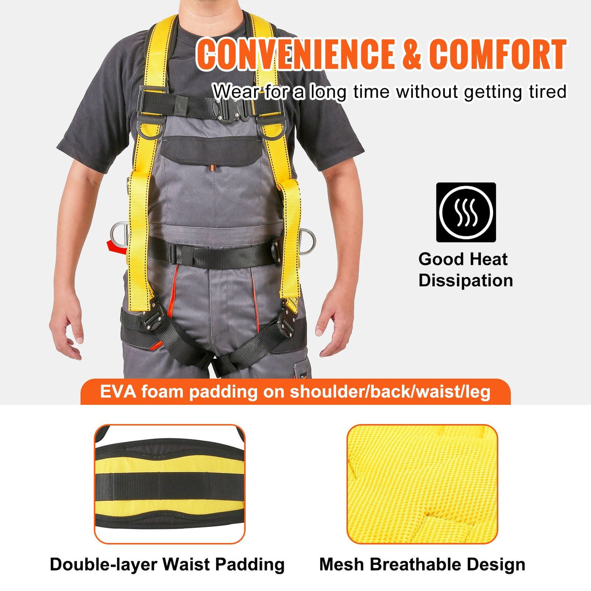 Safety Harness, Full Body Harness, Safety Harness Fall Protection with Added Padding, and Side Rings and Dorsal D-Rings and a Lanyard, ANSI/ASSE Z359.11-2014, 160 lbs Max Weight, S