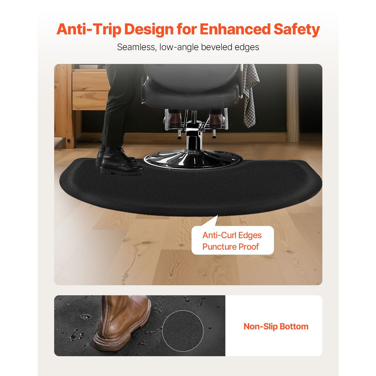 Salon Mat for Hair Stylist, 3 x 4 FT Semi-circle Salon Chair Mat, 1/2-inch Thickened Anti Fatigue Barber Shop Floor Mat with Round Cut Out, Easy-to-Clean PVC Surface & Anti-Trip Beveled Edges