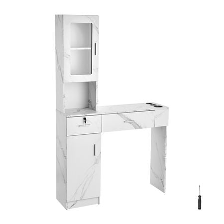 Salon Workstation, Wall-Mounted Unit for Hair Professionals, Spa Styling Storage Solution, Includes 1 Cabinet, 3 Shelves, 2 Drawers (1 with Lock), in White