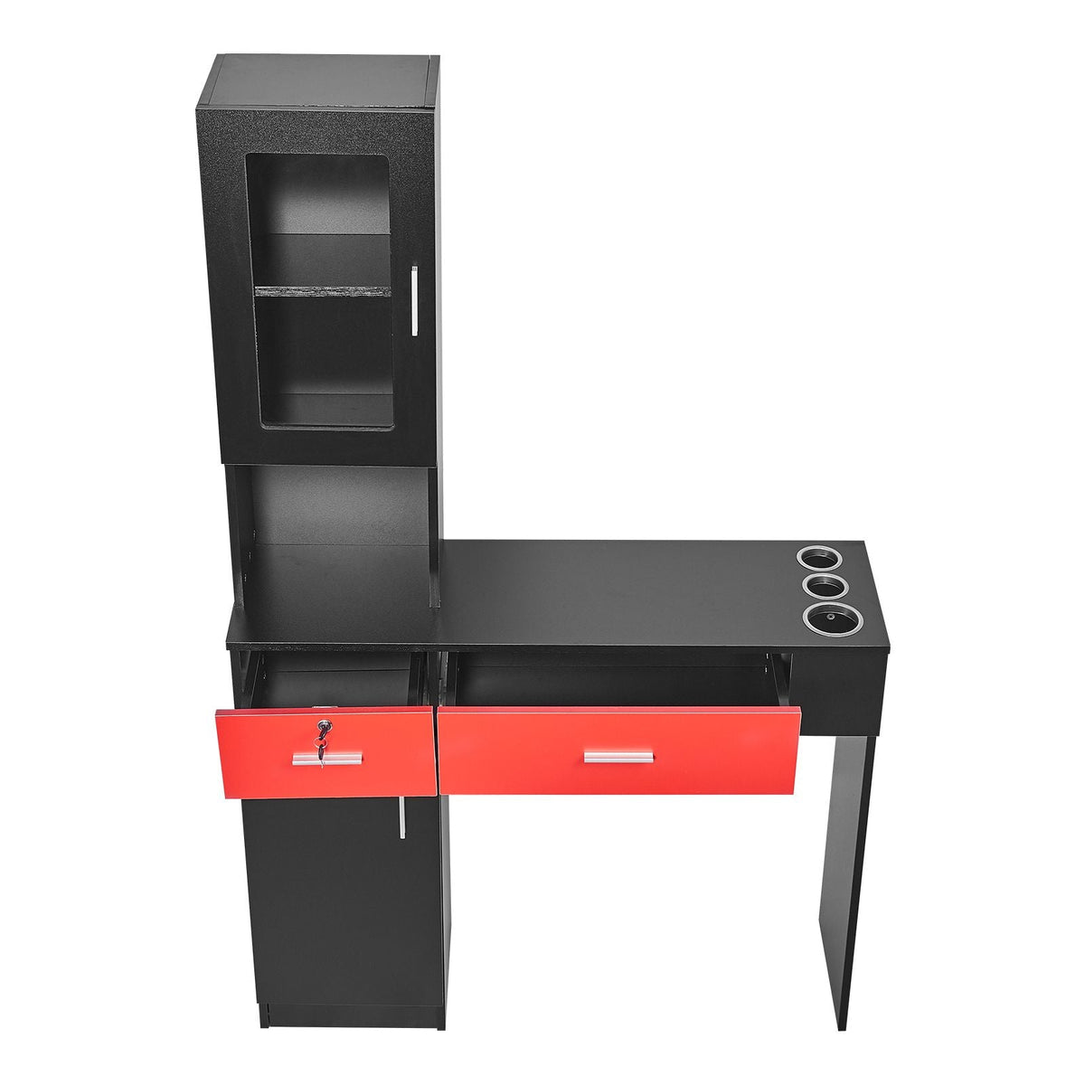 Salon Workstation, Wall-Mounted Unit for Hair Professionals, Spa Styling Storage Solution, Includes Cabinet, 3 Shelves & 2 Drawers (One with Lock), in Black & Red