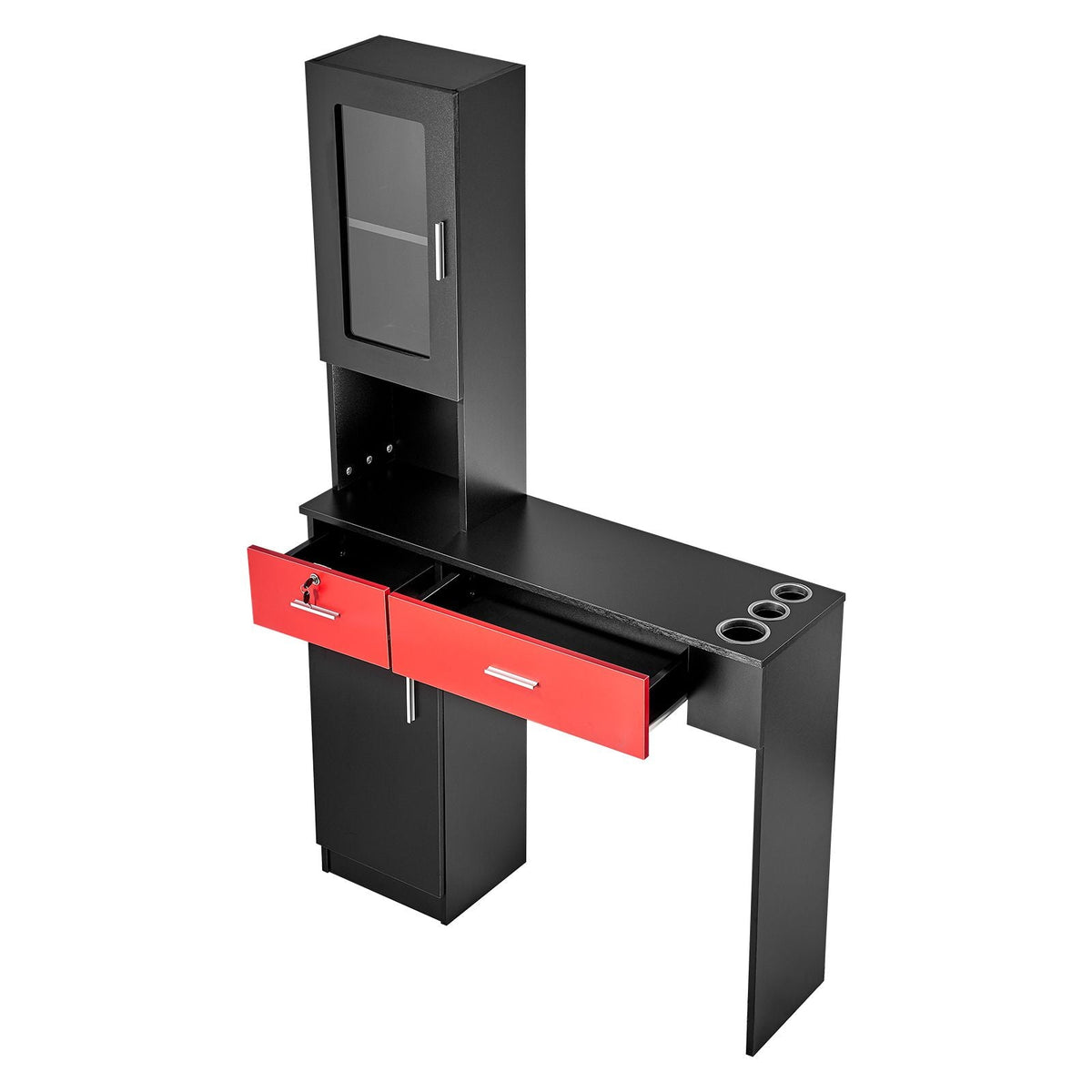 Salon Workstation, Wall-Mounted Unit for Hair Professionals, Spa Styling Storage Solution, Includes Cabinet, 3 Shelves & 2 Drawers (One with Lock), in Black & Red
