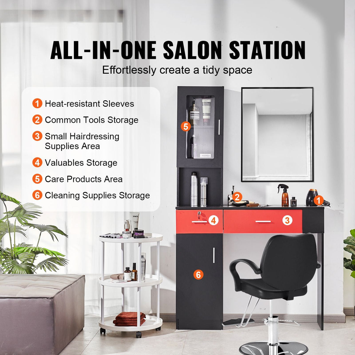 Salon Workstation, Wall-Mounted Unit for Hair Professionals, Spa Styling Storage Solution, Includes Cabinet, 3 Shelves & 2 Drawers (One with Lock), in Black & Red