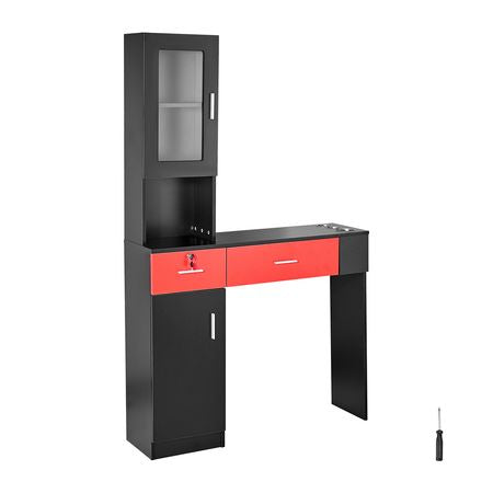 Salon Workstation, Wall-Mounted Unit for Hair Professionals, Spa Styling Storage Solution, Includes Cabinet, 3 Shelves & 2 Drawers (One with Lock), in Black & Red