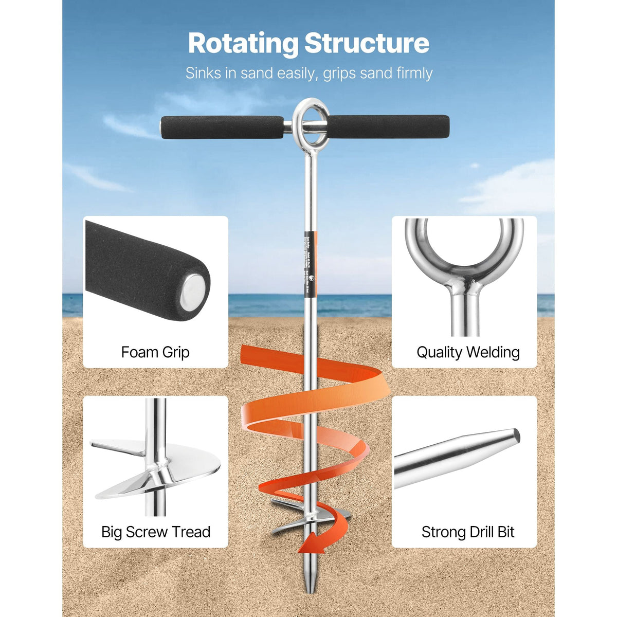 Sand Anchor, 18 in Stainless Steel Beach Anchor, Screw in Sand Boat Anchors with Spiral Blade, Shallow Water Boat Auger Anchors, for Securing Jet Ski PWC Pontoon Kayak on Beaches and Sandbars