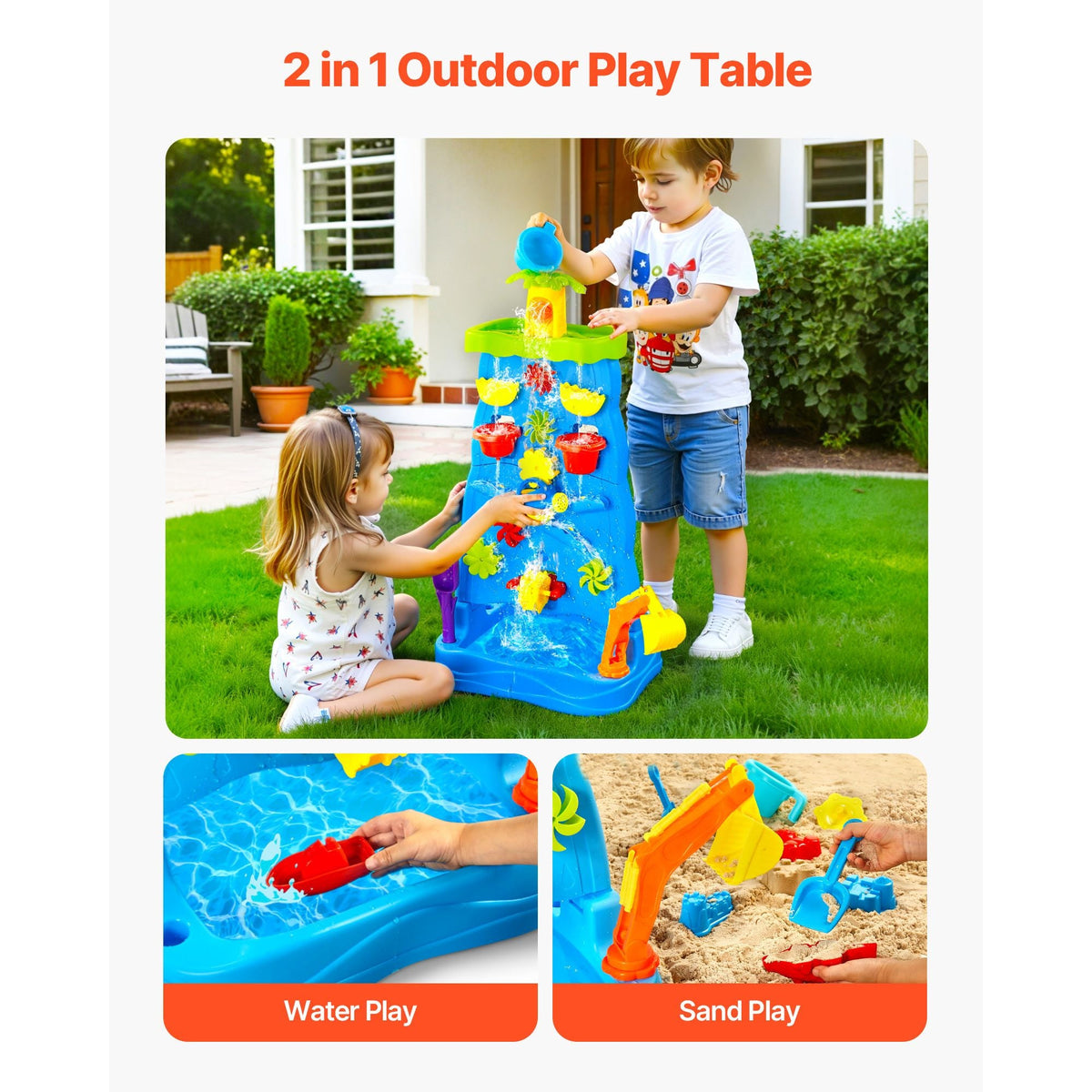 Sand and Water Table for Toddlers, Double-Sided Kids Activity Waterfall Playset with 37PCS Accessories, Kids Activity Sensory Table, Outdoor Summer Sand Water Play Table for 3+ Years Boys Girls