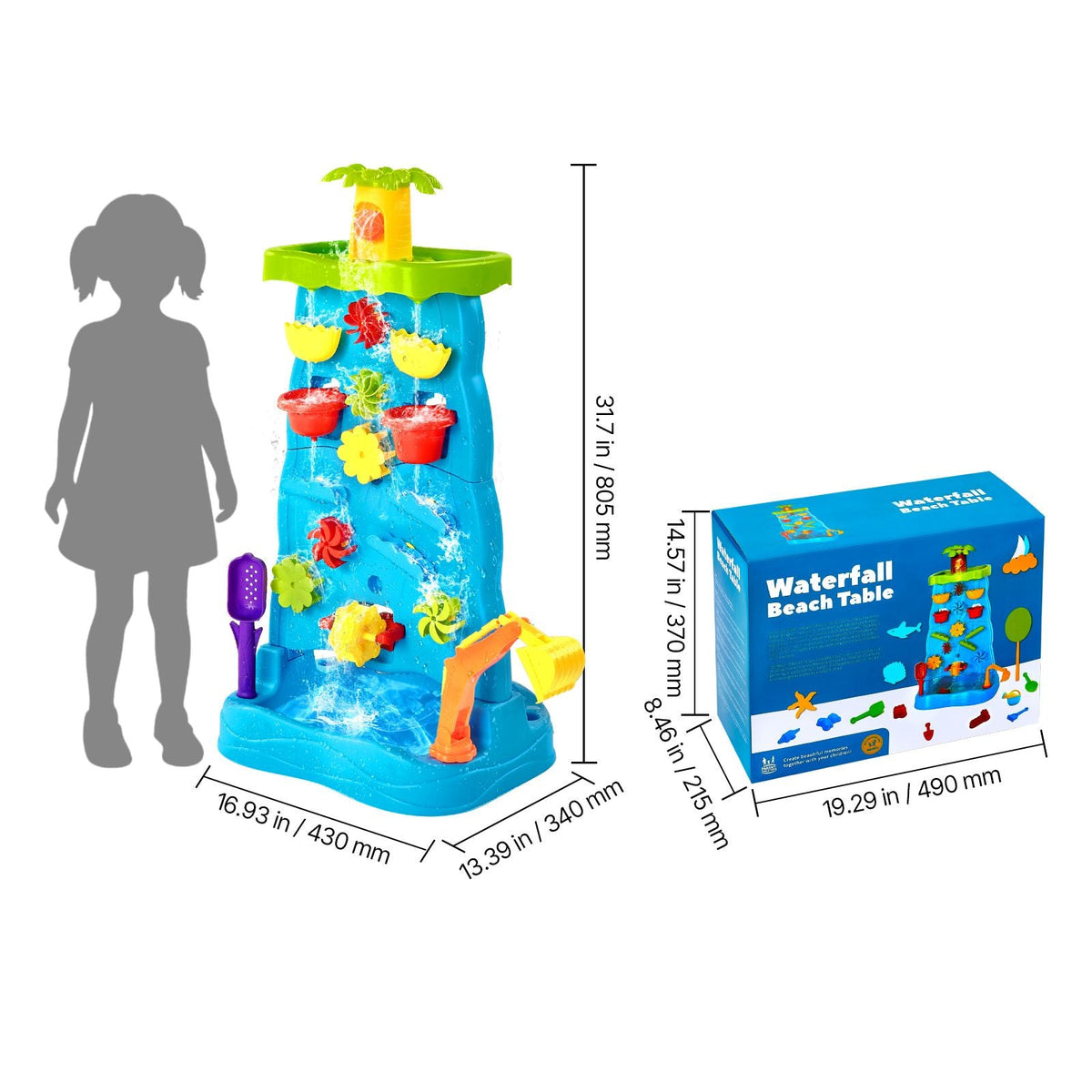 Sand and Water Table for Toddlers, Double-Sided Kids Activity Waterfall Playset with 37PCS Accessories, Kids Activity Sensory Table, Outdoor Summer Sand Water Play Table for 3+ Years Boys Girls
