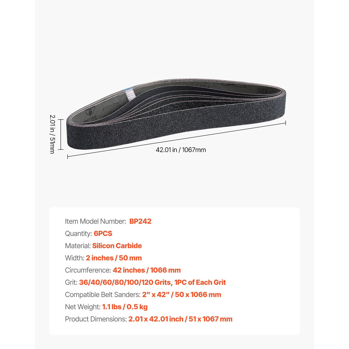 Sanding Belts, 2 x 42-inch Belt Sander Sanding Belts, 6 PCS (Each of 36 40 60 80 100 120 Assorted Grits) Silicon Carbide for Knife Sharpening, Metalworking, Composites, Plastic Finishing