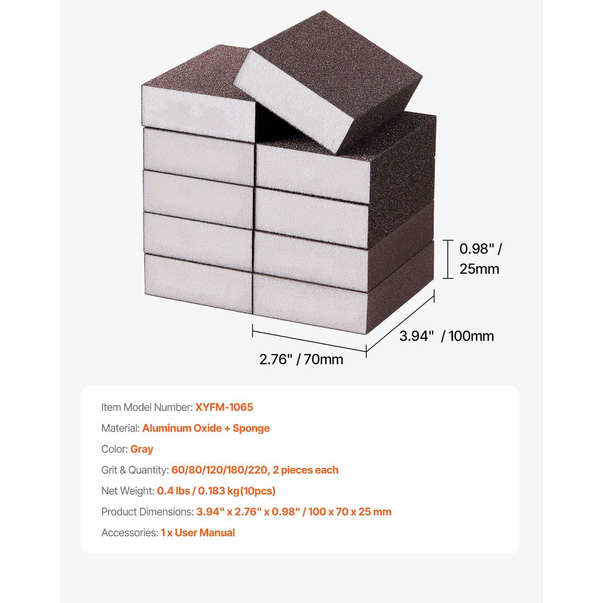 Sanding Sponge, 10 Pcs, 60/80/120/180/220 Grit Assortment(2 Each), Washable and Reusable Sanding Blocks for Dry & Wet Use, Coarse to Fine Sandpaper Blocks, for Drywall Wood Metal Furniture