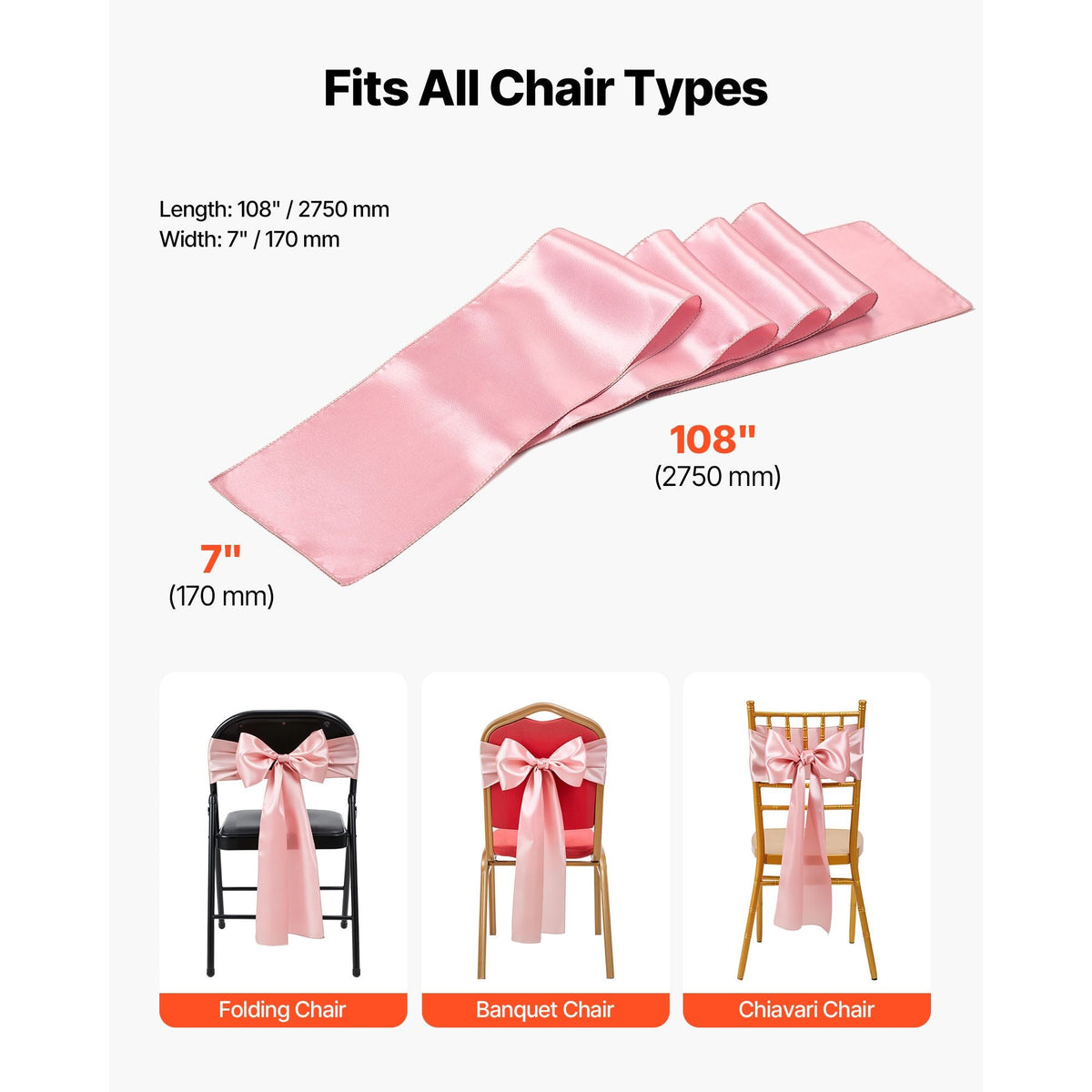 Satin Chair Sashes Bows, 100PCS Chair Ribbon Ties Back Sash, 7 x 108 inch, Rose Gold Wedding Reception Decoration, for Wedding Ceremony Baby Shower Party Events Banquet Chair Cover Decoration