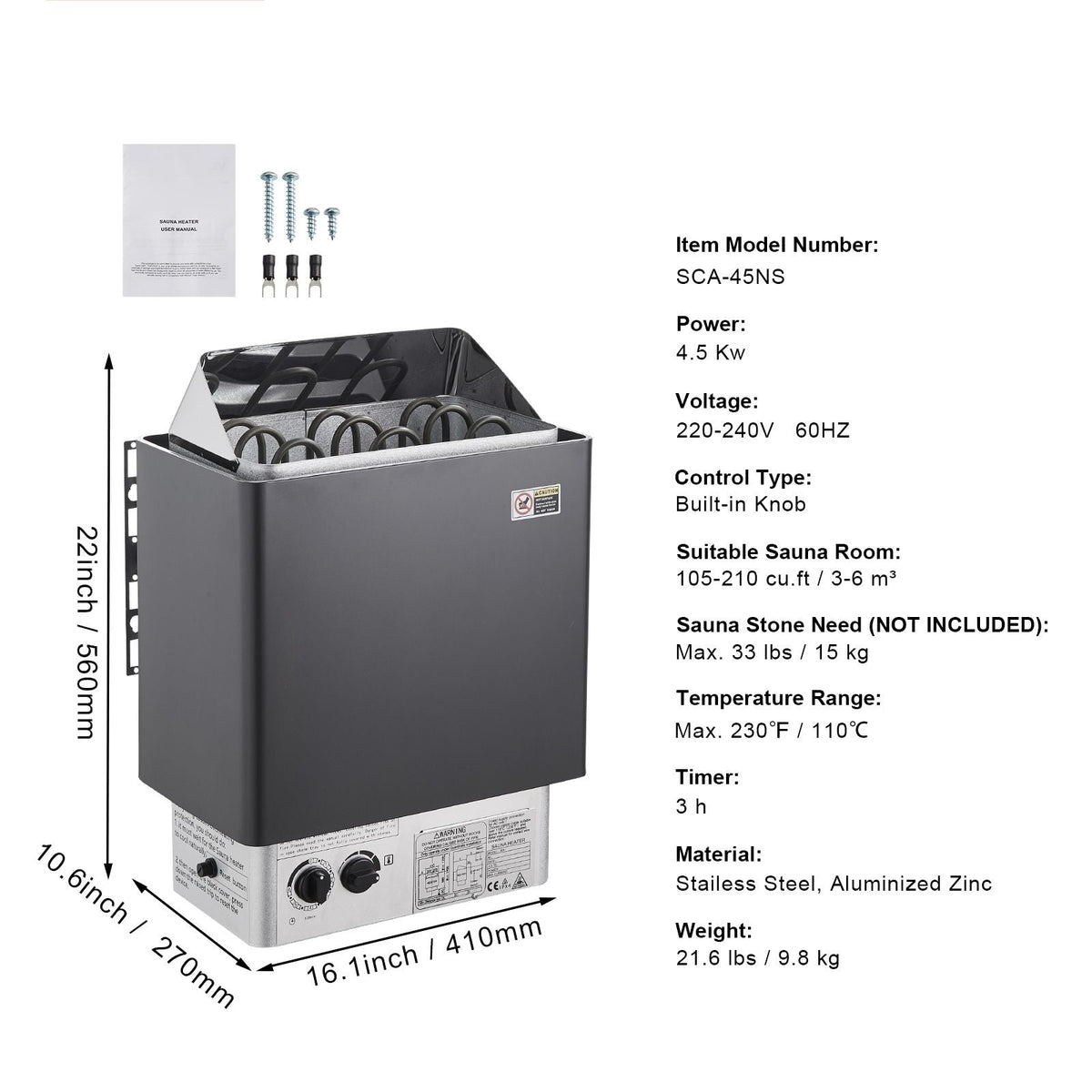 Sauna Heater, 4.5KW 220V Electric Sauna Stove, Steam Bath Sauna Heater with Built-In Controls, 3h Timer and Adjustable Temp for Max. 105-210 Cubic Feet, Home Hotel Shower Use, FCC Certification