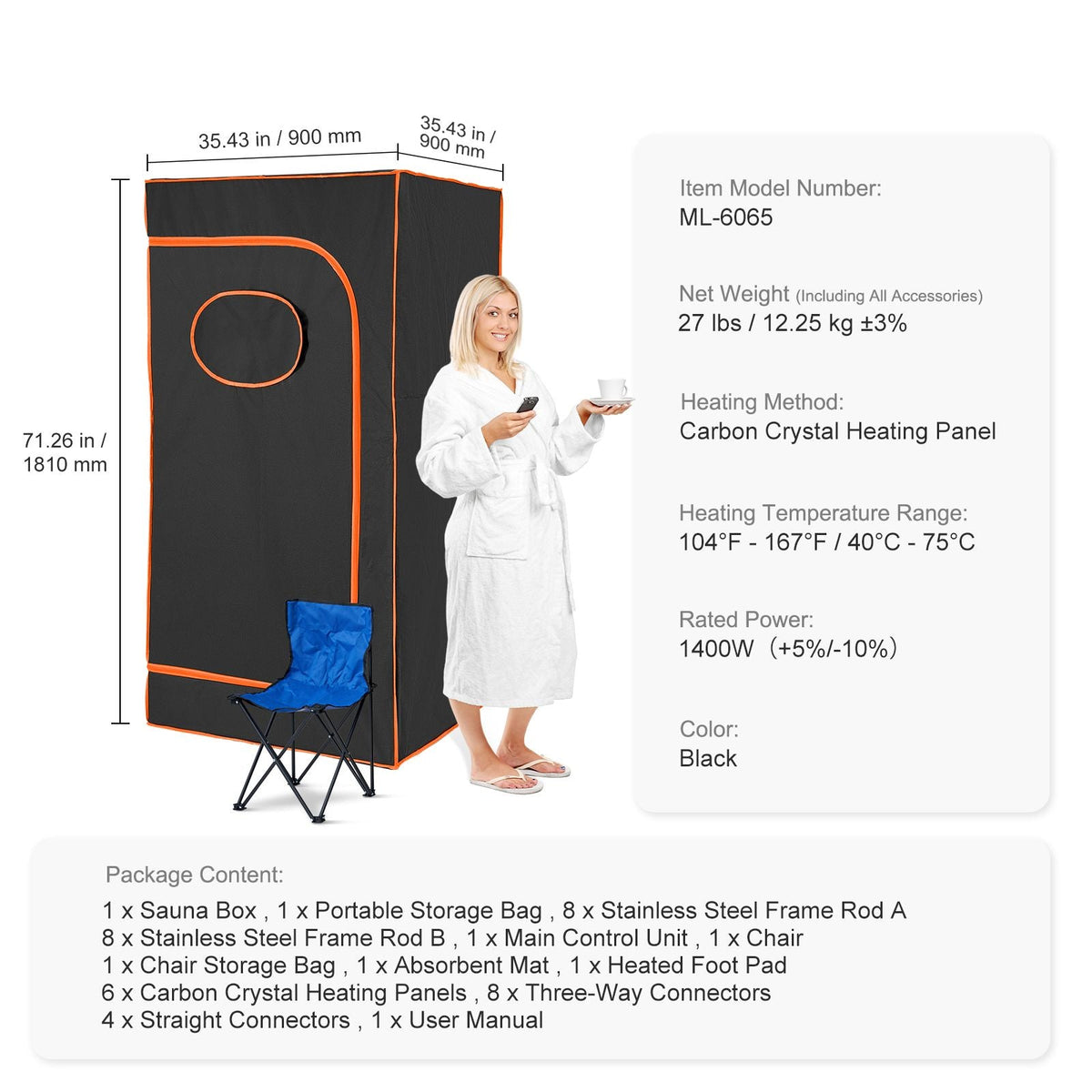 Sauna Tent Portable Full Size, 1400W Personal Sauna Kit for Home Spa, Detoxify & Soothing Infrared Heated Body Therapy, Time & Temperature Remote Control With Chair & Floor Mat
