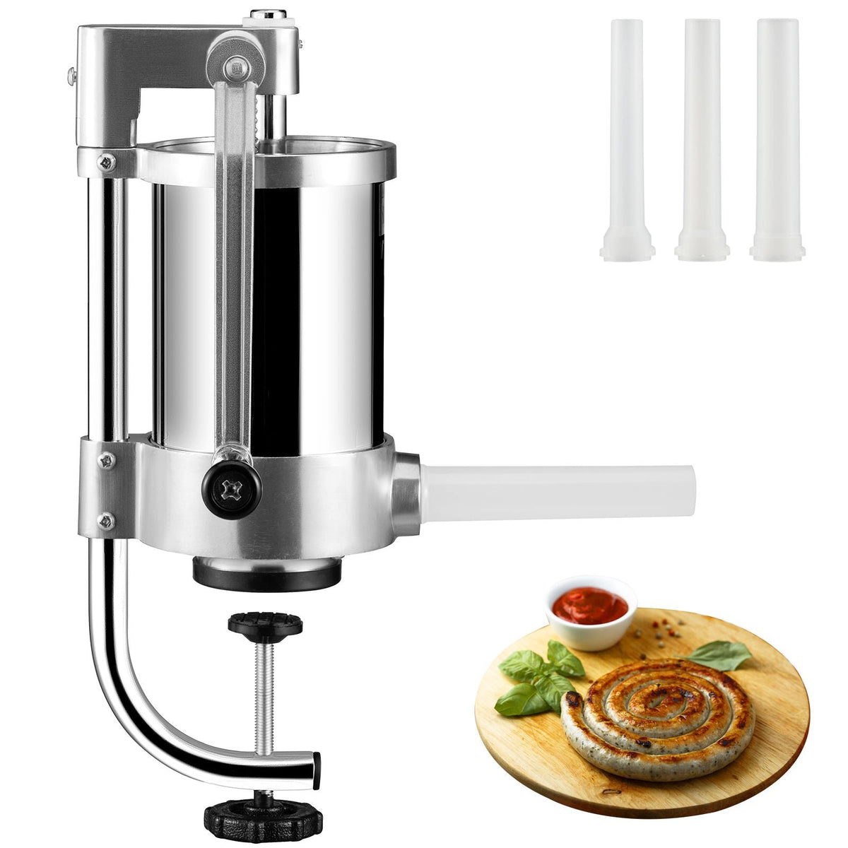 Sausage Stuffer, 2.5LBS/1.5L Capacity, 304 Stainless Steel Vertical Sausage Stuffer, Sausage Filling Machine with 3 Stuffing Tubes, Suction Base and Manual Crank for Household or Commercial Use