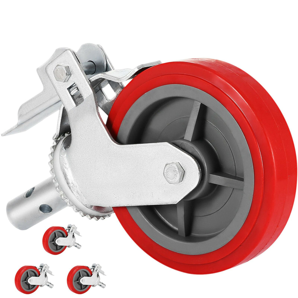 Scaffolding Wheels Set of 4, 8\" - Scaffolding Casters Heavy Duty, 3200 Lbs Per Set - Locking Stem Casters with Brake, Red Polyurethane - Replacement for Scaffold, Shelves, Workbench
