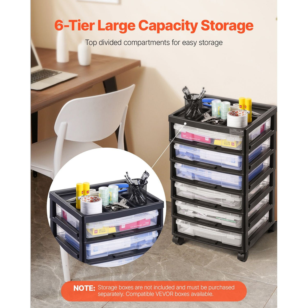 Scrapbook Rolling Storage Cart, 6-Tier Large Capacity with Organizer Top, Black Frame with 4 Removable Wheels, PP Material Cart Only, Rolling Craft Storage for Office Arts and Crafts Supplies