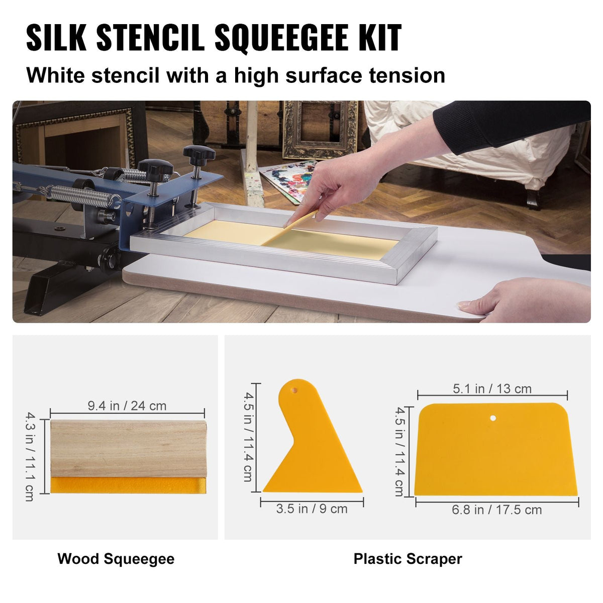 Screen Printing Kit, 2 Pieces Aluminum Silk Screen Printing Frames 8x10/10x14in 110 Count Mesh, 2 Tapes and Screen Printing Squeegees and Transparency Films for T-shirts DIY Printing