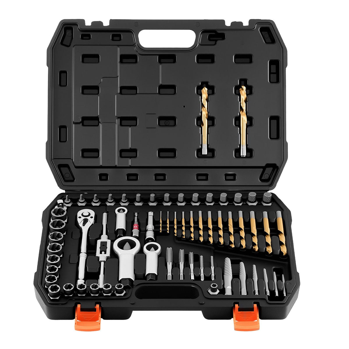 Screw Extractor Set, 63 Pieces, with Nut and Bolt Extractors, Nut Splitters, Taps, Drill Bits, Wrenches, Adapters, and Solid Storage Case, for Removing Rounded, Broken, or Stripped Fasteners