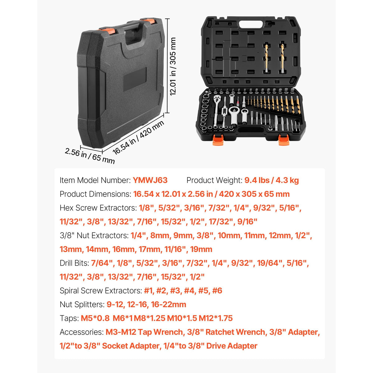 Screw Extractor Set, 63 Pieces, with Nut and Bolt Extractors, Nut Splitters, Taps, Drill Bits, Wrenches, Adapters, and Solid Storage Case, for Removing Rounded, Broken, or Stripped Fasteners