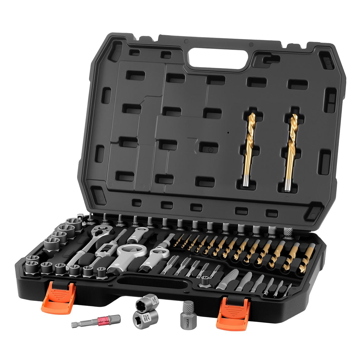 Screw Extractor Set, 63 Pieces, with Nut and Bolt Extractors, Nut Splitters, Taps, Drill Bits, Wrenches, Adapters, and Solid Storage Case, for Removing Rounded, Broken, or Stripped Fasteners