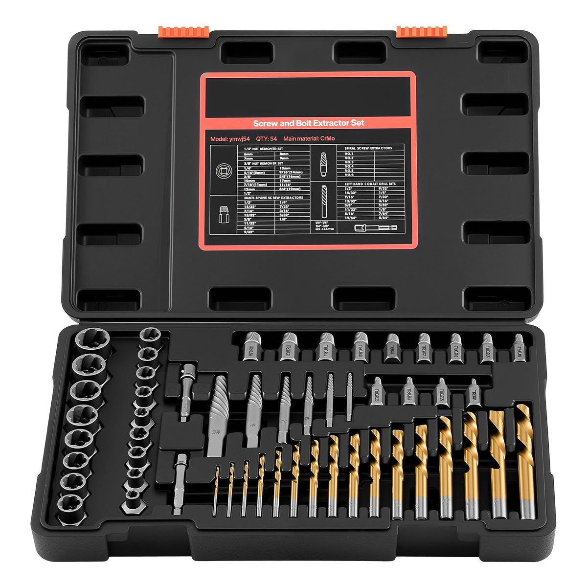 Screw Extractor Set with Drill Bits, 54 Pieces, Easy Out Nut Bolt Extractors and Drill Bits, with Adapters, Solid Storage Case, Cr-Mo Steel for Removing Rounded, Broken, or Stripped Fasteners