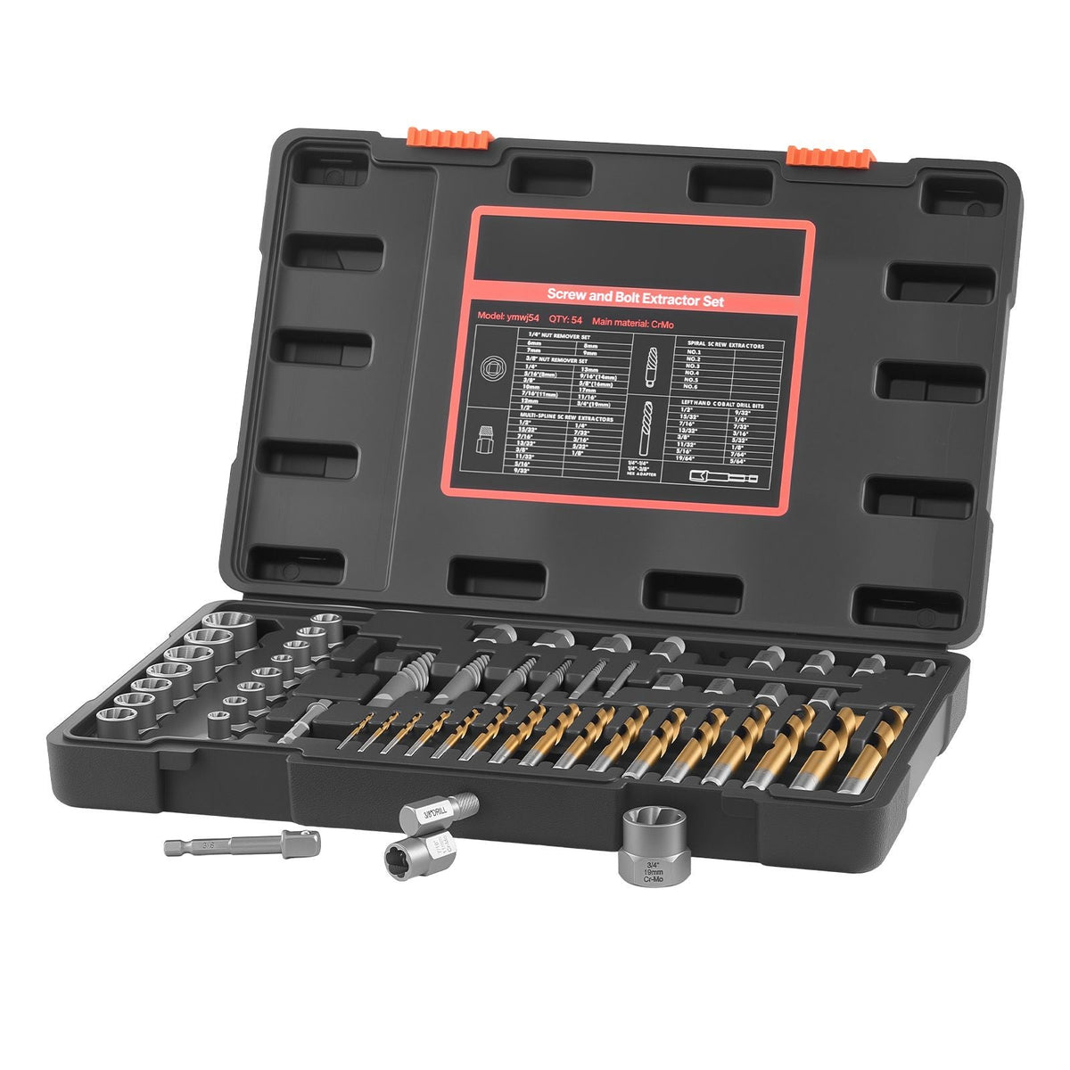 Screw Extractor Set with Drill Bits, 54 Pieces, Easy Out Nut Bolt Extractors and Drill Bits, with Adapters, Solid Storage Case, Cr-Mo Steel for Removing Rounded, Broken, or Stripped Fasteners