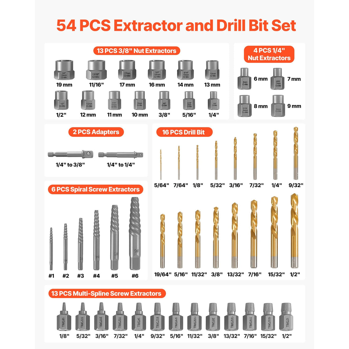 Screw Extractor Set with Drill Bits, 54 Pieces, Easy Out Nut Bolt Extractors and Drill Bits, with Adapters, Solid Storage Case, Cr-Mo Steel for Removing Rounded, Broken, or Stripped Fasteners