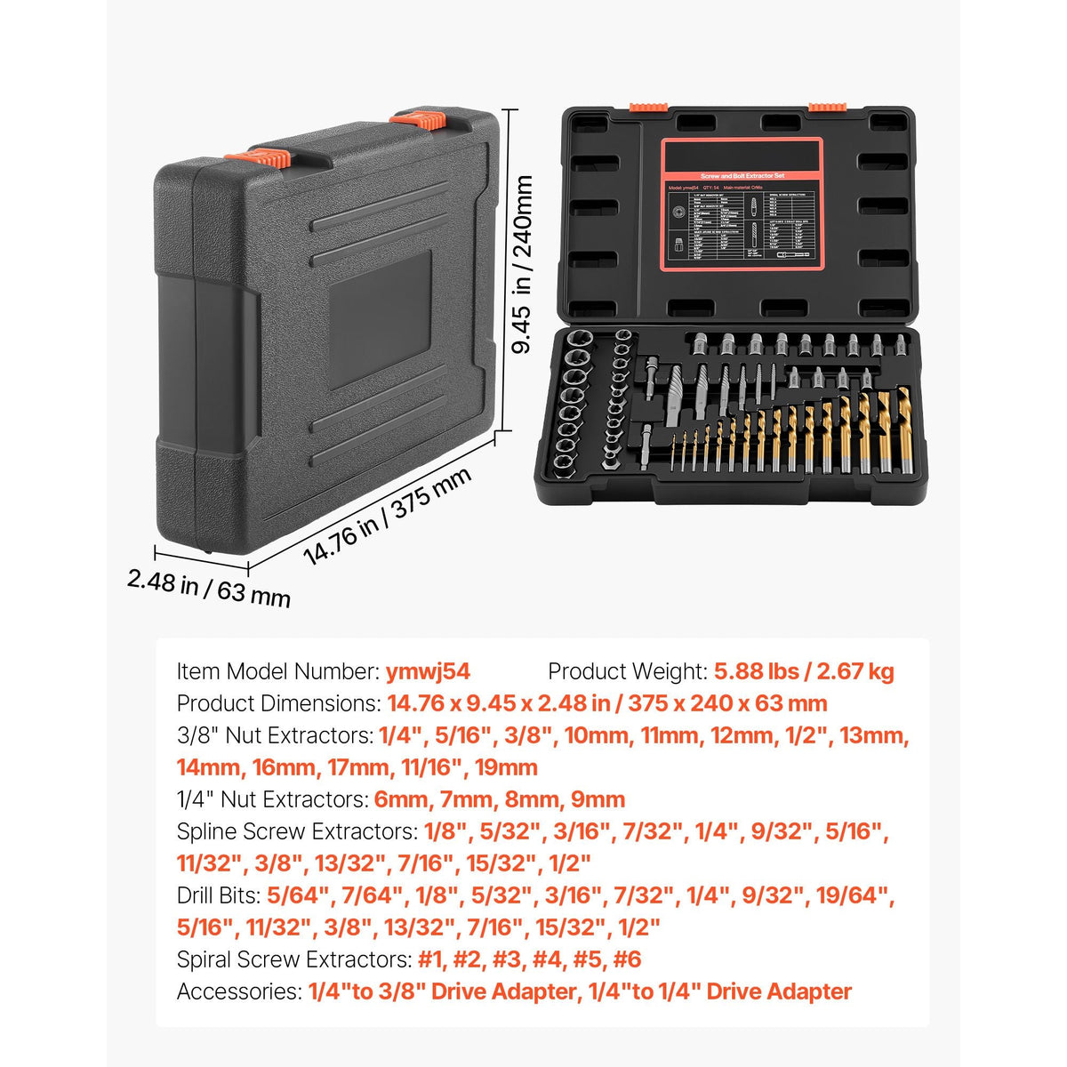 Screw Extractor Set with Drill Bits, 54 Pieces, Easy Out Nut Bolt Extractors and Drill Bits, with Adapters, Solid Storage Case, Cr-Mo Steel for Removing Rounded, Broken, or Stripped Fasteners