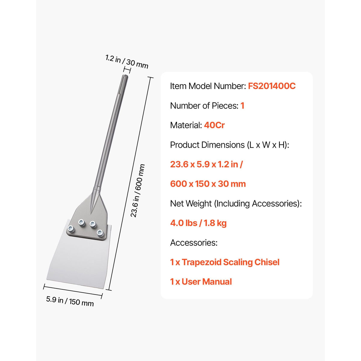 SDS Max Floor Scraper, 23.6" x 5.9" Chisel Bit with SDS Max Shank, Compatible with Rotary Hammers, Heat Treated 40Cr Alloy Steel, Sharp Edge for Removing Laminate Flooring, Tiles, and Mortar