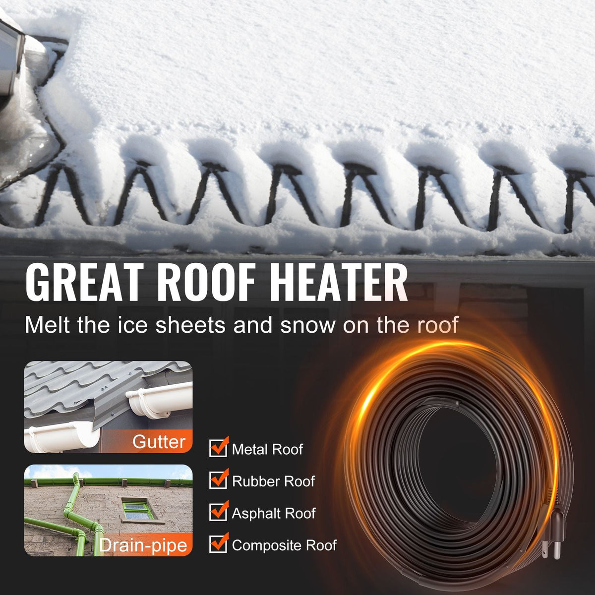 Self-Regulating Pipe Heating Cable, 120FT 5W/FT Heat Tape for Pipes, Roof Snow Melting De-icing, Gutter and Pipe Freeze Protection
