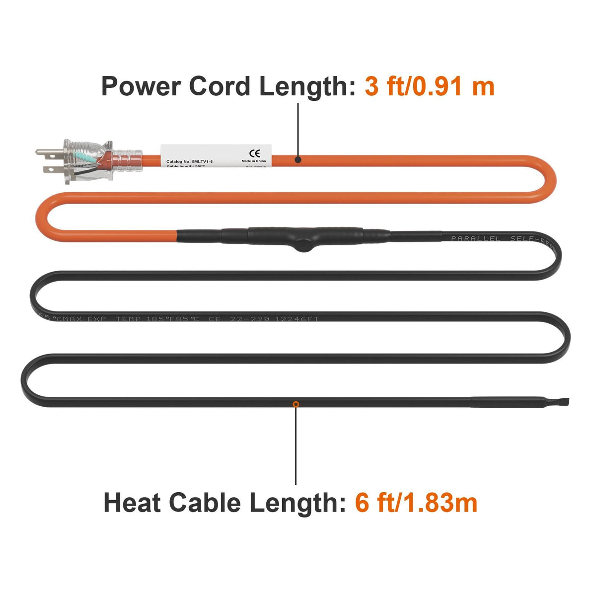 Self-Regulating Pipe Heating Cable, 6-feet 5W/ft Heat Tape for Pipes Freeze Protection, Protects PVC Hose, Metal and Plastic Pipe from Freezing, 120V