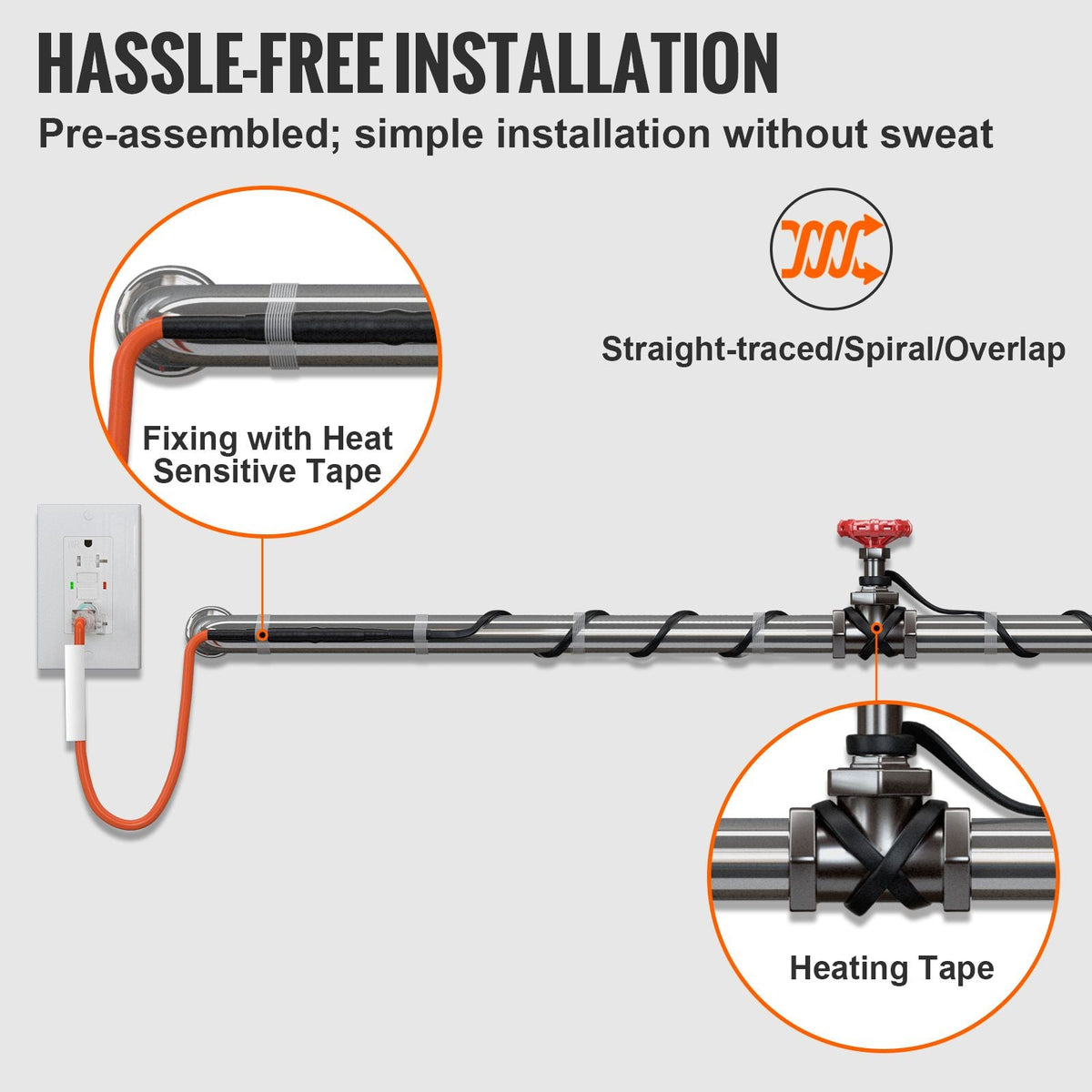 Self-Regulating Pipe Heating Cable, 9FT 5W/FT Heat Tape for Pipes Freeze Protection, Water Pipe Heat Cable with Built-in Thermostat Protects PVC Hose, Metal and Plastic Pipe from Freezing