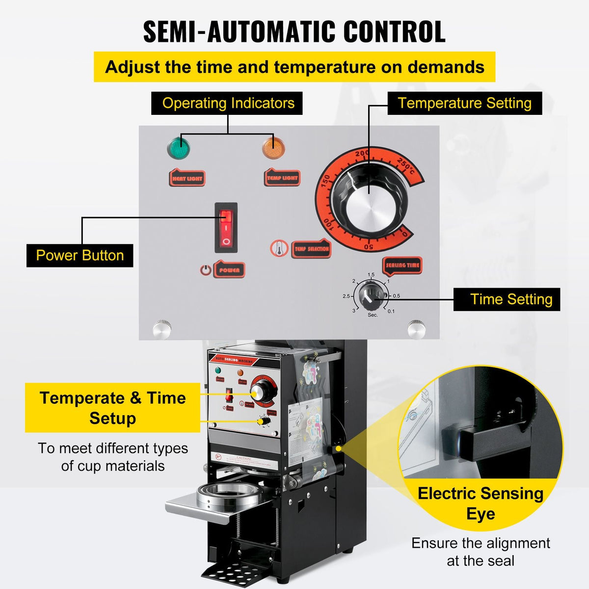 Semi-automatic Cup Sealing Machine, 300-500 Cup/h Tea Cup Sealer Machine, Black Boba Cup Sealer Machine, 90/95mm Cup Diameter Boba Cup Sealing Machine with Control Panel for Bubble Milk Tea