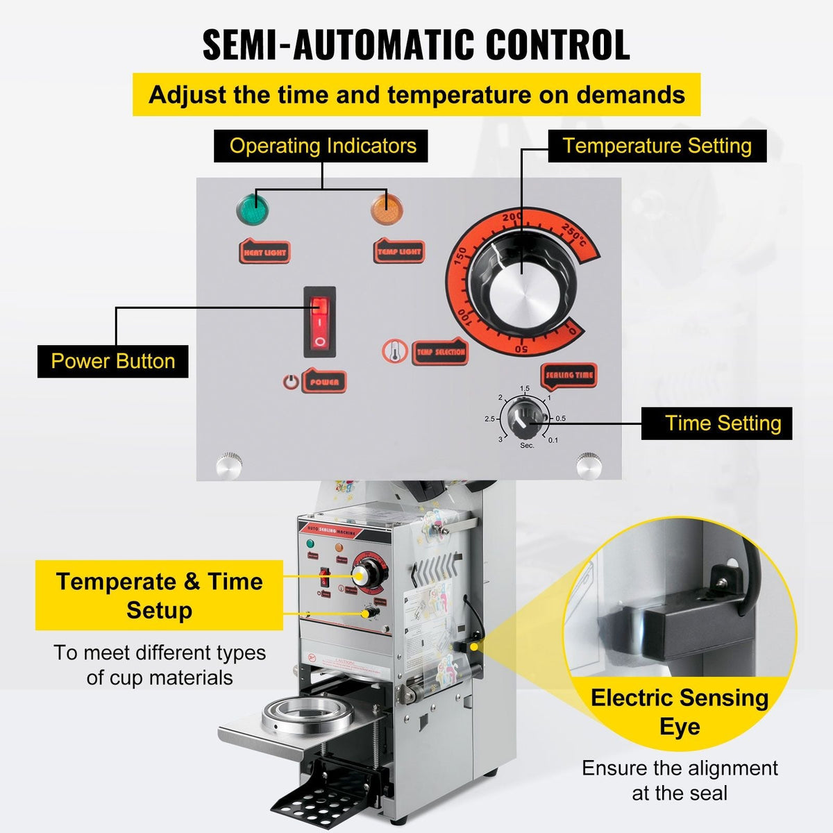 Semi-automatic Cup Sealing Machine, 300-500 Cup/h Tea Cup Sealer Machine, Silver Boba Cup Sealer Machine, 90/95mm Cup Diameter Boba Cup Sealing Machine with Control Panel for Bubble Milk Tea