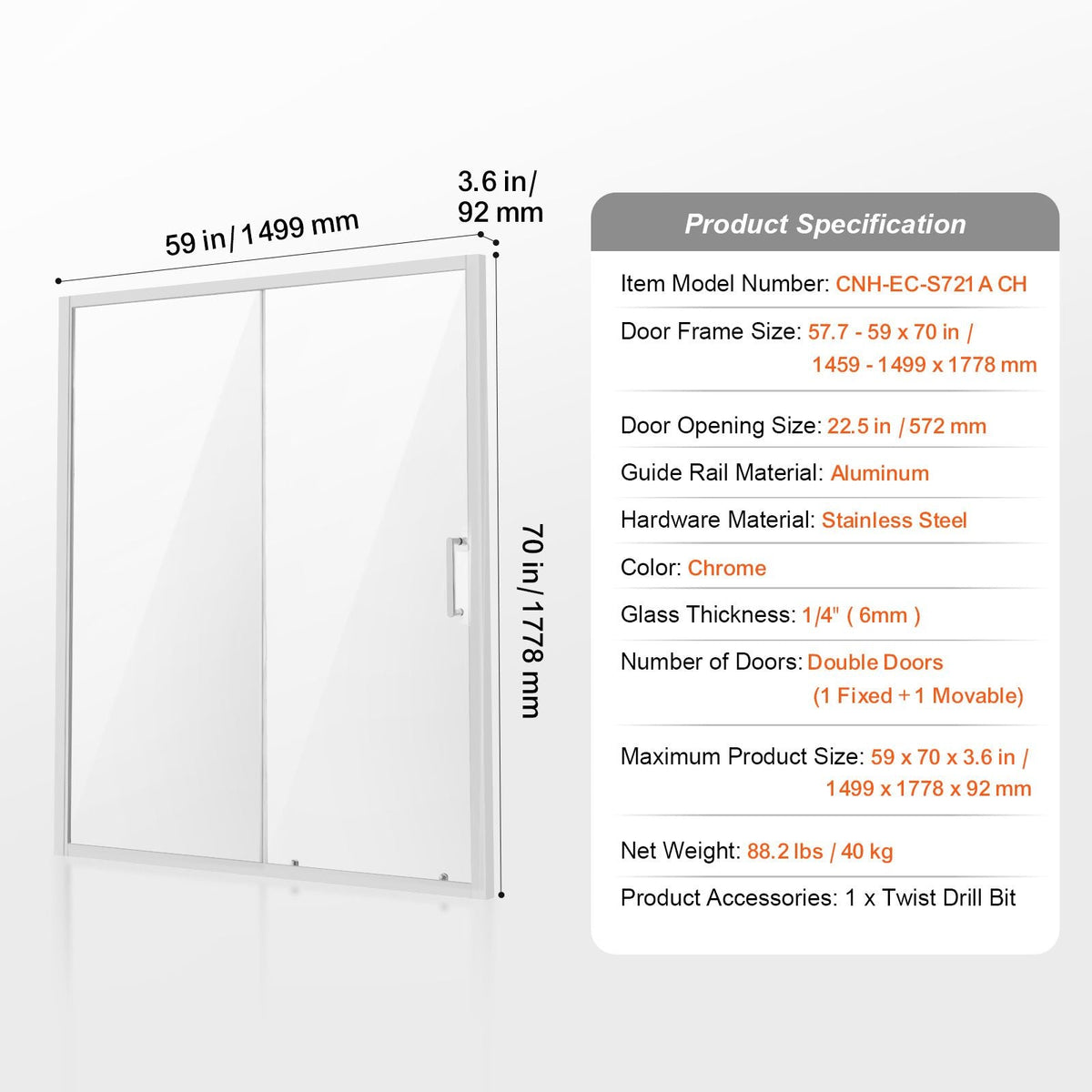 Semi-frameless Shower Door, 57.7-59 W x 70 H in, Shower Sliding Glass Door with 1/4 in(6mm) Clear Tempered Glass, Waterproof Shatterproof NANO Stainproof with Stainless Steel Hardware, Chrome
